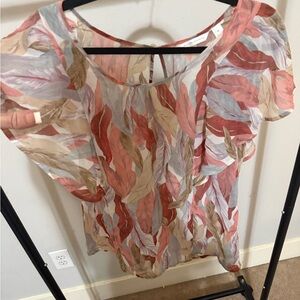 LC Lauren Conrad Sheer Feather-Print Blouse in Coral, Beige & Light Blue